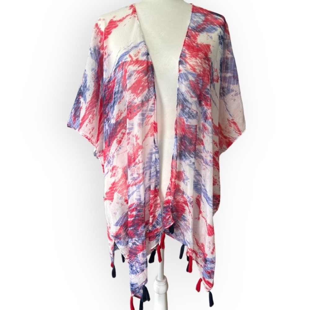 NWOT Steve Madden Red White And Blue Tassel Trim Ruana One Size